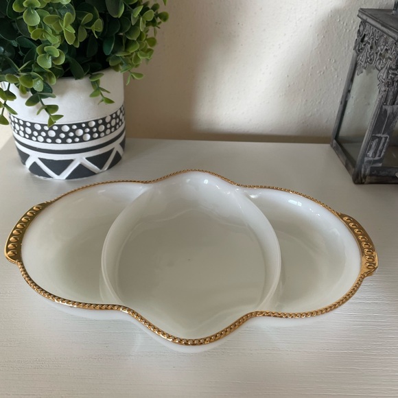 Fire King Relish Dish Milk Glass Platter Gold Rim Anchor Hocking Server - Picture 1 of 6